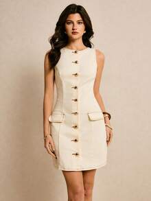 Poéselle Đầm denim nữ dáng suông tối giản cài cúc phía trước, không tay, thích hợp cho mùa hè. - trắng - Xem 8