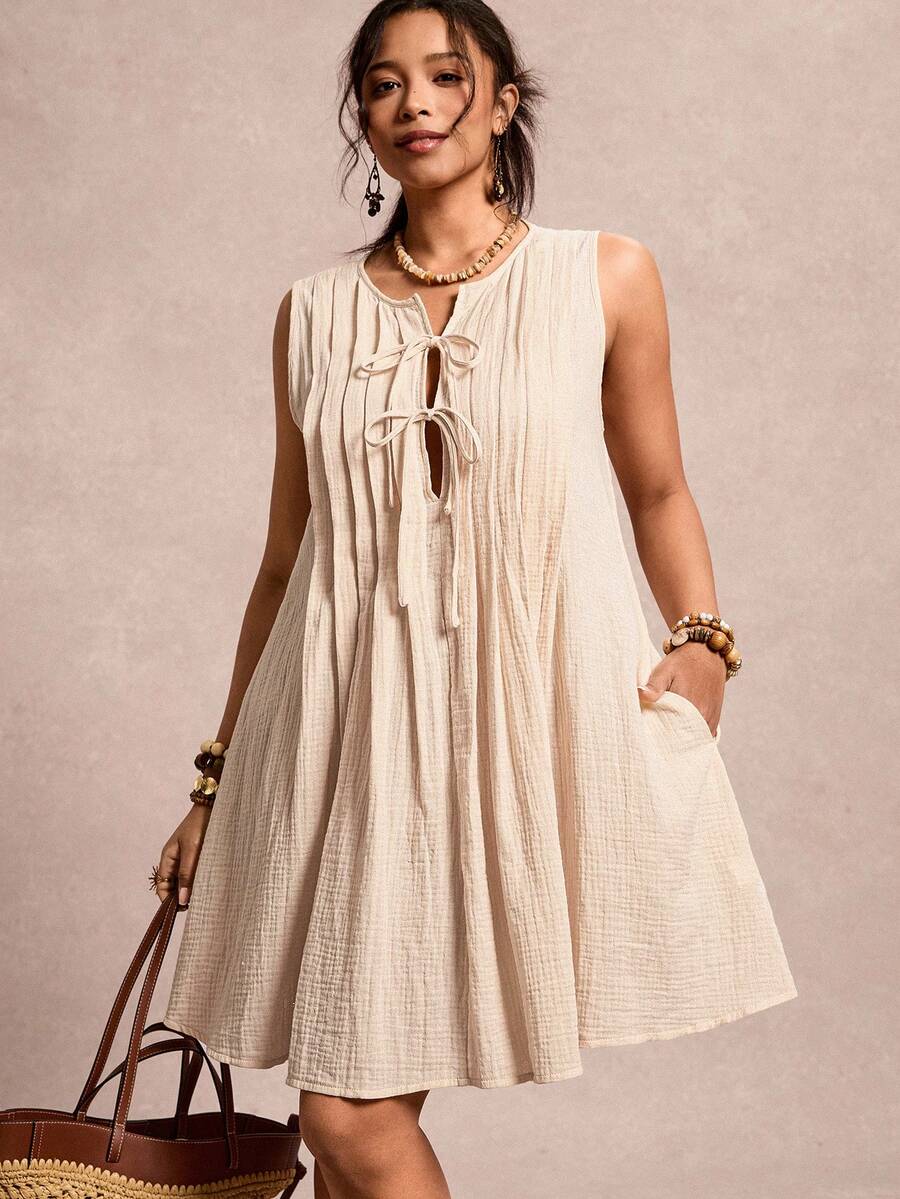 Freevana Bohemian Sleeveless Pleated V-Neck Drawstring Loose A-Line Dress, Minimalist Relaxed Linen Casual Short Dress, Summer - Apricot - View 1