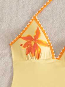 Swim Mod Women's Summer Vacation Casual Beach Wear Yellow Tropical Floral Print Bikini Two Pieces Swimsuit Set With Halter Neck Tie And Ruffle Trim - Multicolor - View 6