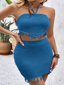 SHEIN VCAY Plus Size Women Solid Color Tassel Hem Halter Top And Mini Skirt Fashion 2-Piece Set - Royal Blue - View 1