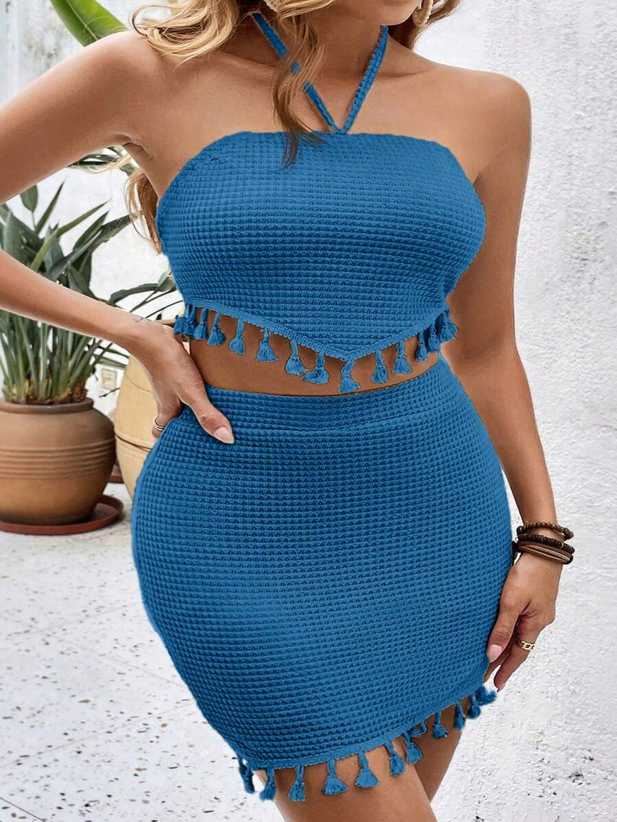 SHEIN VCAY Plus Size Women Solid Color Tassel Hem Halter Top And Mini Skirt Fashion 2-Piece Set - Royal Blue - View 1