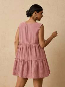 Travachic Plus Size Casual Versatile Black Cotton Front Tie Bow Sleeveless Short Dress - Pink - View 2