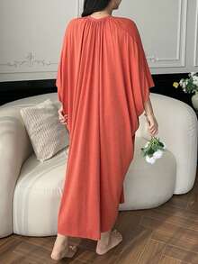 Dazy Plus Plus Size Women's Solid Color Batwing Sleeve Pleated Loose Long Nightgown, Spring/Summer/Autumn - Burnt Orange - View 5