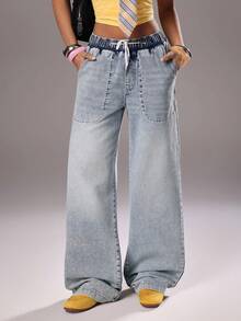 TRNVIE 时尚休闲弹力腰抽绳口袋低腰阔腿牛仔裤 - 中等水洗藍 - 查看 8