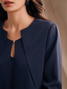 Anewsta 时尚休闲别致水滴镂空领简约袖设计通勤现代优雅女式衬衫 - 藏蓝色 - 查看 1