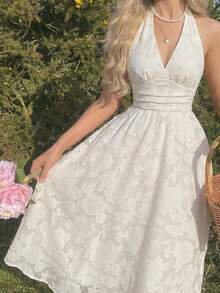 SHEIN MOD 大码女式V领提花系带优雅收腰派对连衣裙 - 杏色 - 查看 9