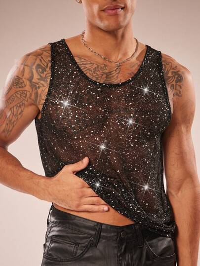 FeverCity Men's Mesh Sheer Glitter Round Neck Sleeveless Tank Top