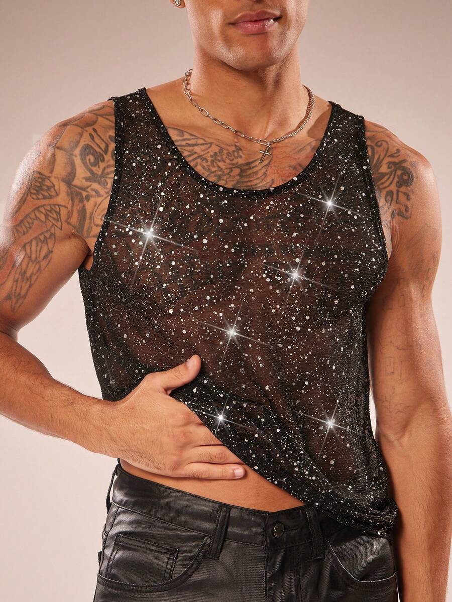 Men's Mesh Sheer Glitter Round Neck Sleeveless Tank Top - Black - View 1