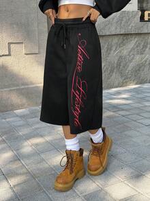 Muchica Women's Casual Black Letter Print Shorts, Summer - Black - View 5