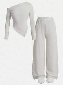 SHEIN 2pcs Tween Girls Casual Knit Asymmetric Collar T-Shirt And Wide Leg Pants Set, Suitable For Autumn/Winter, Daily Casual Wear - Apricot - View 7