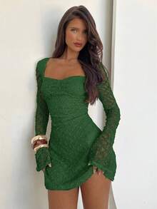 Aloruh Women's Elegant Square Neck Ruched Flare Sleeve Fitted A-Line Mini Dress, Textured Fabric - Green - View 6