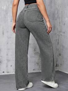 SHEIN EZwear 休闲水洗高腰直筒牛仔裤 - 淺灰色 - 查看 2