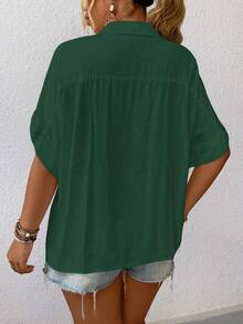 Elenzga Plus Size Women's Solid Color Lapel Single-Breasted Casual Versatile Daily Wear Short Sleeve Shirt - Dark Green - View 2