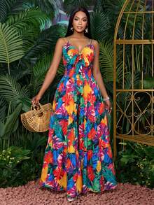 SOLERSUN 女士无袖热带印花褶皱系带前腰收紧阔腿连体裤，竹节拼接度假连体裤，镂空细节，适合海岛度假/海滩之旅（随机花卉图案） - 彩色 - 查看 6