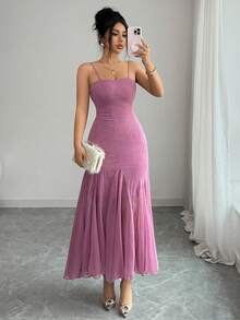 Modelyn Women's Elegant Knitted Jacquard Sequin Rhinestone Mesh Slip Dress, Long Dress For Party And Occasion, Summer - Purple - View 7