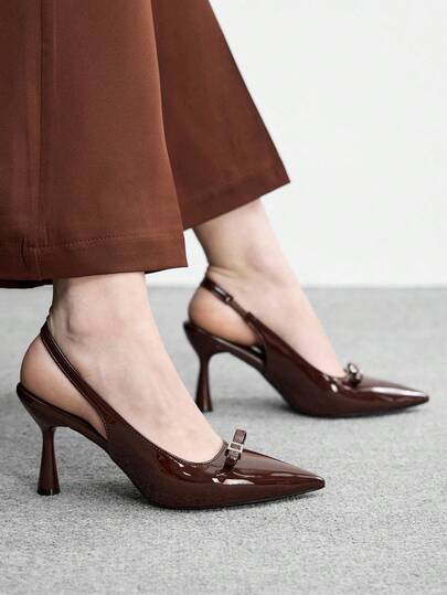 CUCCOO BIZCHIC Women Shoes Pointed Toe, Thin High Heel, Brown Fashion Bow, Diamond Buckle, Simple Basic, Daily Versatile Commute To Work, Shopping, Women's High Heel Shoes, Slingback Shoes After Lifting, Women's Shoes