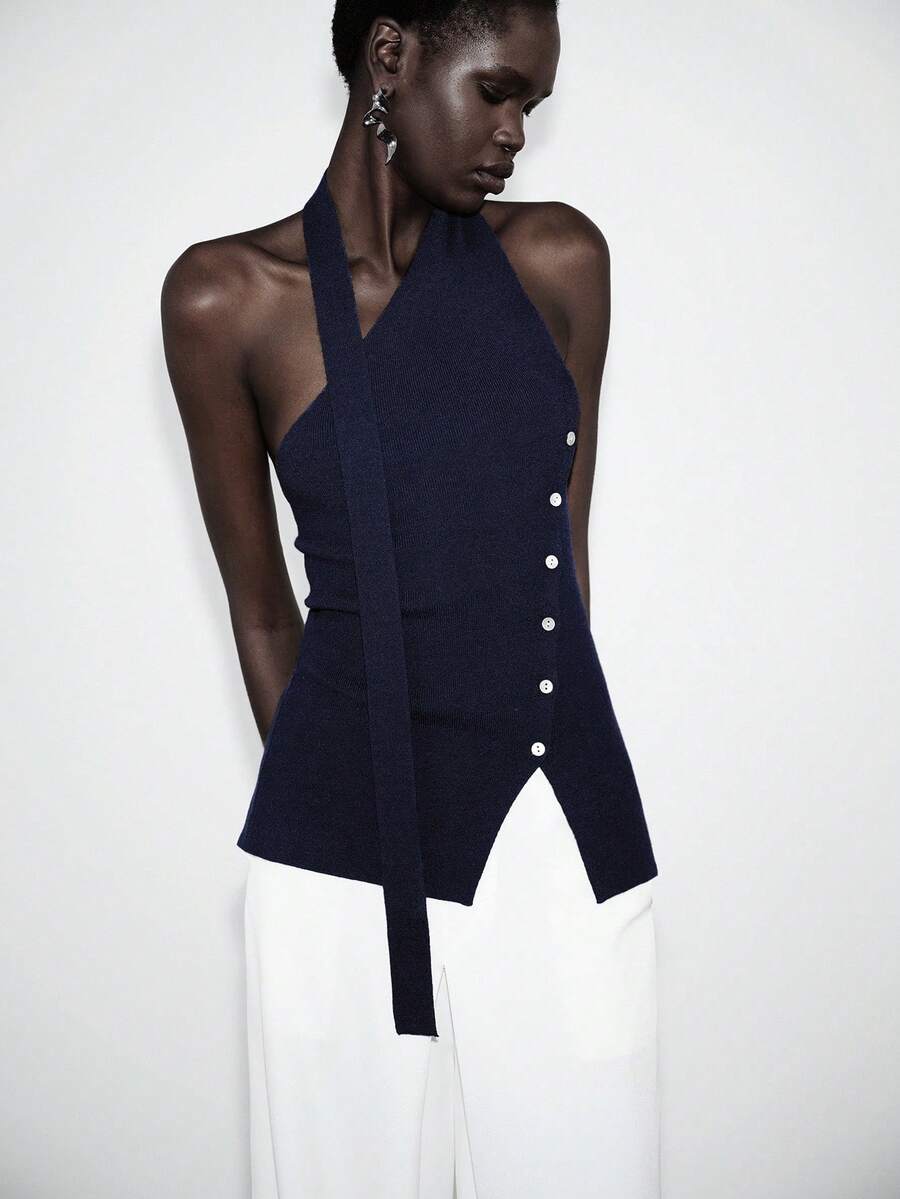 SHEIN Luminelle Shoulder Strap Knit Camisole Top For Women, Summer New Design - Blue - View 1