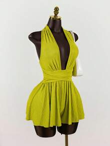 GlowEve Women's Sleeveless Tie-Up Backless Halter Romper - Green - View 4