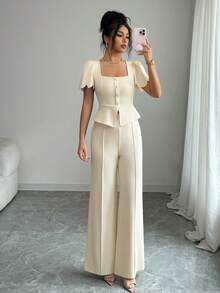 SHEIN Elenzya 女士时尚优雅通勤风两件套：方领短袖纽扣不对称下摆套头T恤和高腰弹力腰带宽松直筒裤 - 杏色 - 查看 8