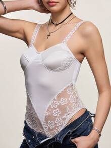 Rina Fox Women's White Summer Elegant Night Out Shiny Knit Fabric Contrast Lace Bodysuit,Vintage Sweet Y2K Lace Trim Patchwork Vacation Bodysuit - White - View 4