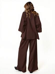 Aveloria Modichic 2pcs/Set Women Blended Side Slit Loose Shirt And High Waist Wide Leg Pants Elegant Business Casual Women  - Chocolate Brown - View 6