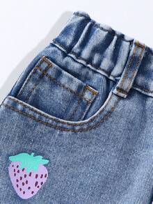Young Girl Summer Casual Washed Strawberry Print Denim Mini Skirt - Light Wash - View 4