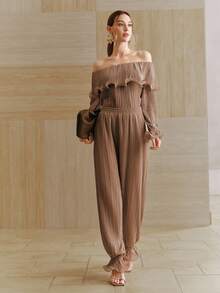 Anewsta Spring/Summer New Vacation Ruffle Off Shoulder Fashionable Elegant Casual Women Top - Mocha Brown - View 6