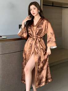 DAZY Áo choàng nữ kiểu dáng thường ngày, in họa tiết, thắt eo. - Màu be - Xem 4