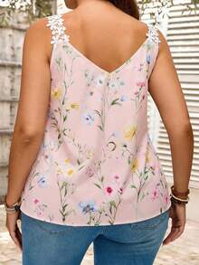 EMERY ROSE Plus Size V-Neck Pink Floral Print Tank Top,Summer Boho Vacation Holiday For Women Casual Festival Office Wear - Baby Pink - View 2