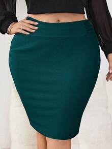 SHEIN Tall CURVE 大码女式夏季休闲/办公通勤纯色高腰褶裥修身铅笔裙 - 綠色 - 查看 6