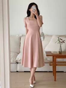 DAZY Women's Square Neck Waist Cinched Mesh Patchwork Mid-Length Dress - Pink - View 3