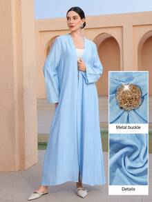 Graceveil Women's Elegant 2-Piece Set: Solid Color Casual Long Sleeve Cardigan & Metal Button Decorated Flared Skirt - Blue - View 8