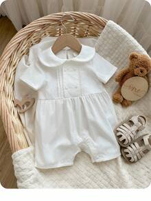 Baby Boy Fold Pleated Detail Peter Pan Collar Romper - White - View 1