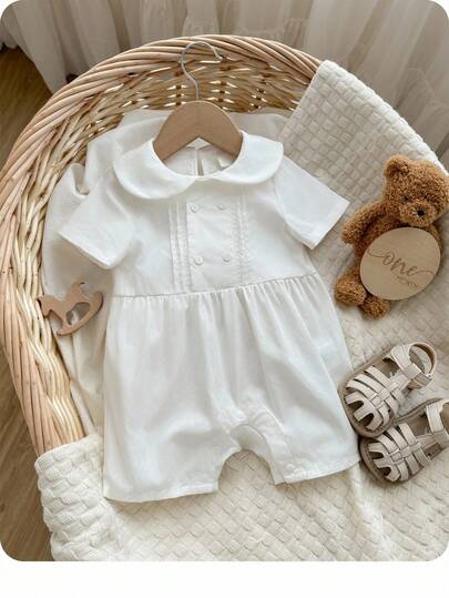 Baby Boy Fold Pleated Detail Peter Pan Collar Romper