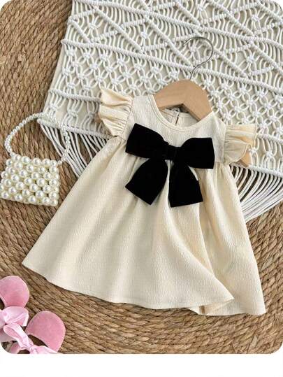 Newborn Baby Girl Elegant Cute Apricot Textured Bow Decor Short Sleeve Dress