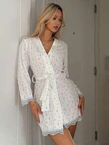 DAZY Ditsy Floral & Lace Patchwork Women Sleepwear Robe - White - View 5