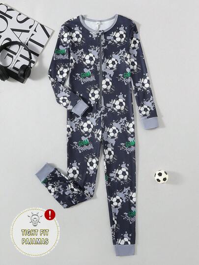 Boys' Minimalist Fashion Multi-Color Football & Letter Print Long Sleeve Jumpsuit Snug Fit Loungewear
