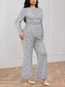 Modelyn Große Größen Lässig Schmetterling Muster Kordelzug asymmetrischer Saum Top und Hose Zweiteiler, Herbst - Grau - Übersicht 5