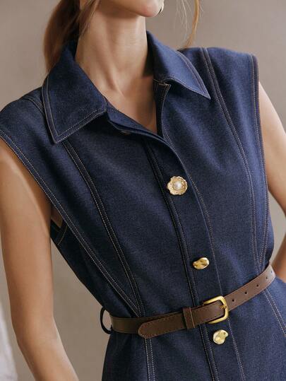 Anewsta فستان نسائي جديد بياقة بولو وأكمام بلا أكمام مع زخرفة أزرار معدنية، فستان قصير مع حزام، طراز كلاسيكي حضري للتنقل