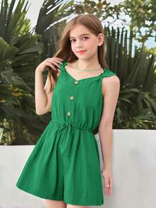 Jumpsuit Kasual Musim Panas Warna Hijau untuk Anak Perempuan Remaja, Rompi Bertekstur Tenun Gaya Rompi dengan Kancing Depan, Gaya Pastoral untuk Jalan-jalan Musim Semi & Minum Teh - Hijau - View 4