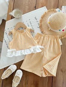 SHEIN LMoss Kids Babygirl Summer Cute Pink & White Plaid Ruffle Sleeveless Top And Elastic Waist Loose Pants Set - Yellow - View 6