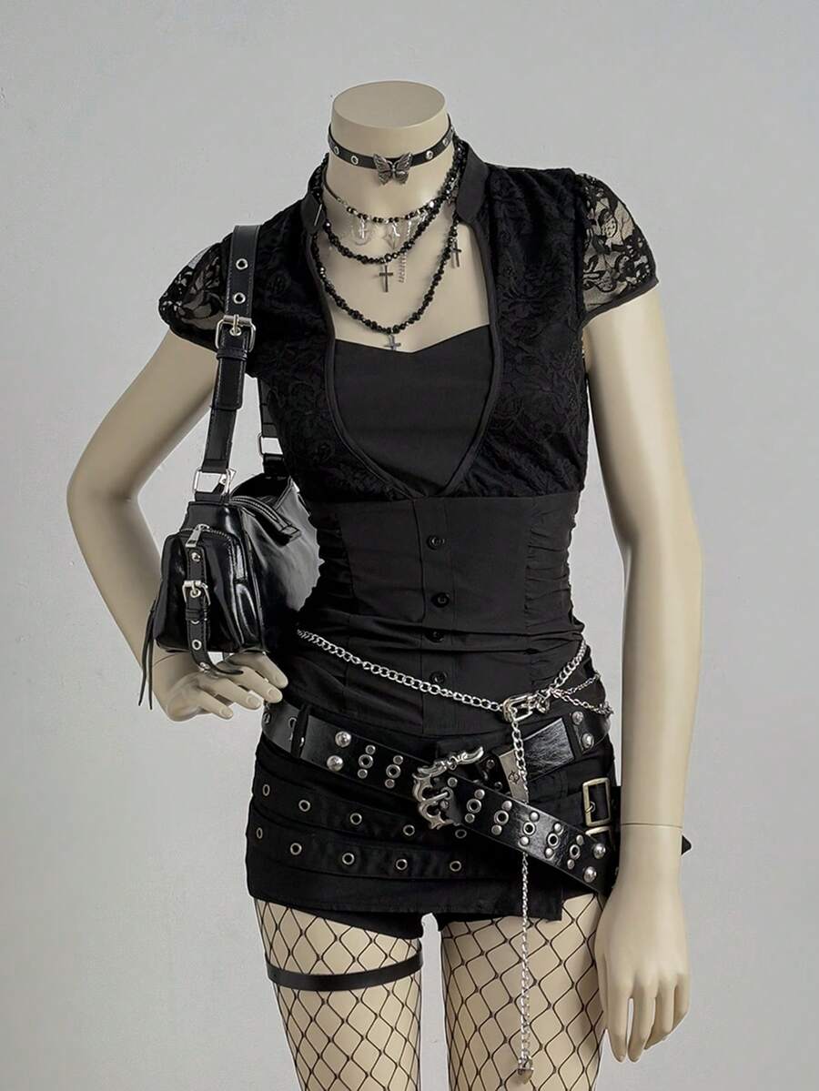 EgrlEra 女士优雅蕾丝拼接设计休闲衬衫，清新怡人，适合春夏日常穿着 - 黑色 - 查看 1