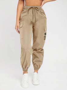 SHEIN PETITE 女裝字母印花工裝長褲 - 卡其色 - 查看 3