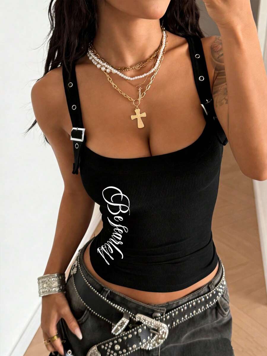 StreetHx Áo camisole nữ thời trang mùa hè, họa tiết chữ, cổ tròn, ôm sát. - màu đen - Xem 1