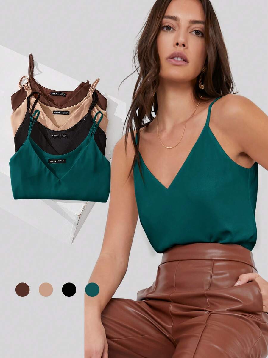 SHEIN BIZwear 新款春夏可调节吊带V领背心，百搭设计，适合办公室、社交场合，Y2K风格 - 黑色 - 查看 1