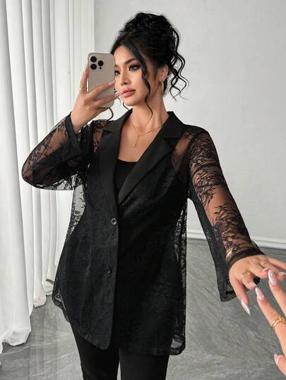 GlowEve CURVE Plus Size Women's High-End Lace Patchwork Blazer, Hollow Out Casual Jacket, Summer New Arrival