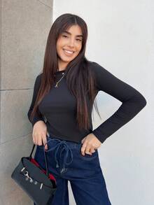 Hitanina 纯色圆领修身保暖长袖女式上衣，带保暖内衬 - 黑色 - 查看 1