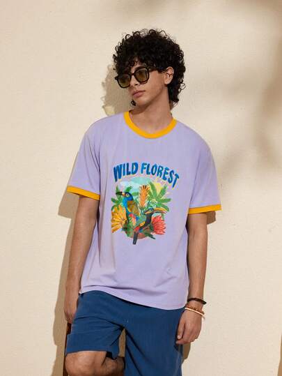Felipe Marques Camiseta de manga corta de ajuste holgado con estampado tropical de animales casual para hombre, verano