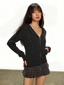 Rina Fox 女士休闲铆钉设计拉链卫衣 - 黑色 - 查看 6