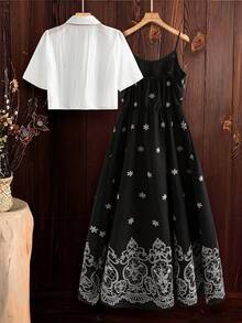 SHEIN Clasi Bộ đồ hai mảnh gồm áo hai dây in họa tiết toàn thân và áo khoác tay ngắn cài cúc phía trước dành cho nữ, thích hợp cho ngày Valentine, kỳ nghỉ hoặc mặc thường ngày. - Đen và trắng - Xem 3